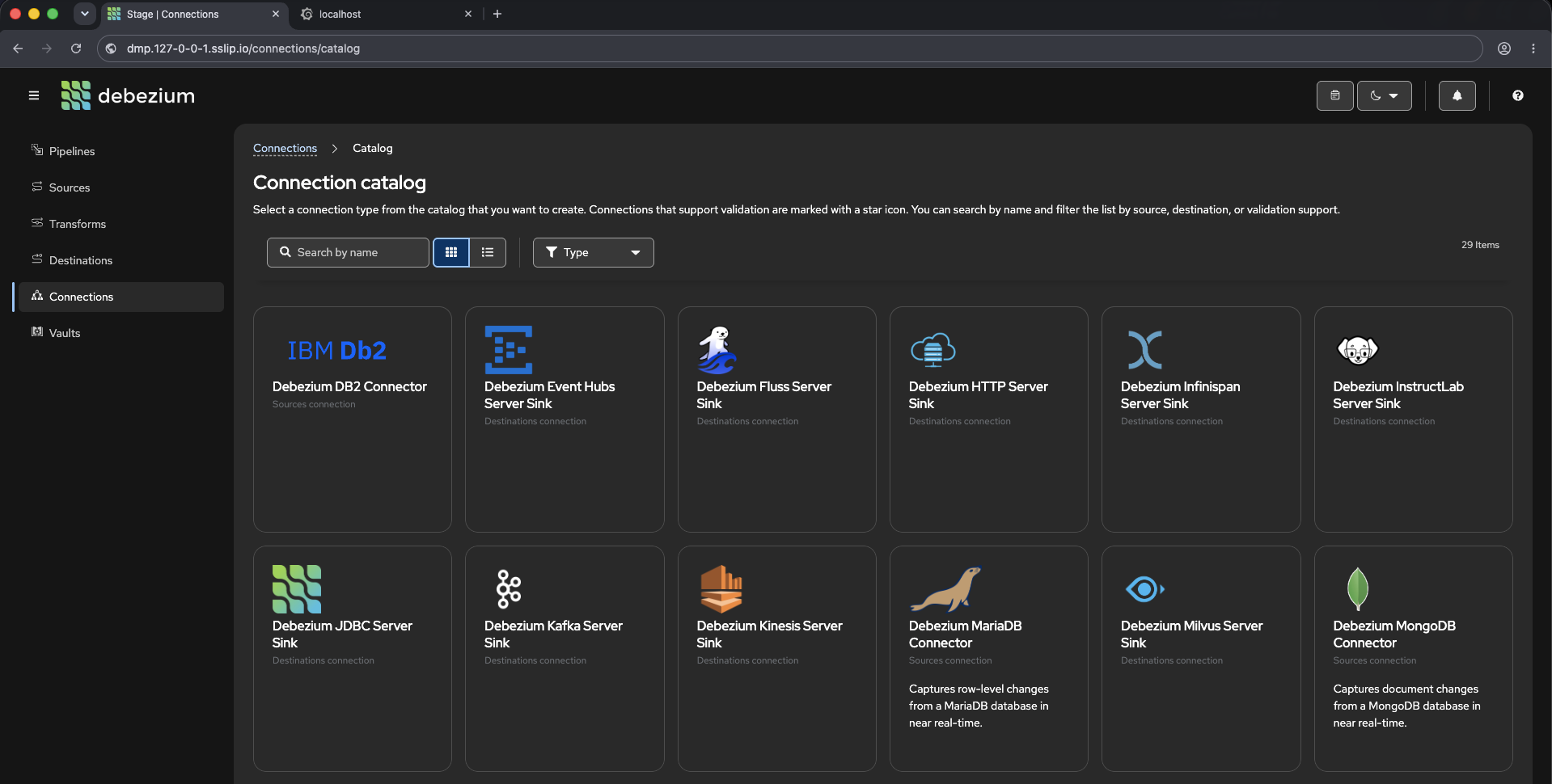 The Debezium Platform stage UI, showing the connection catalog